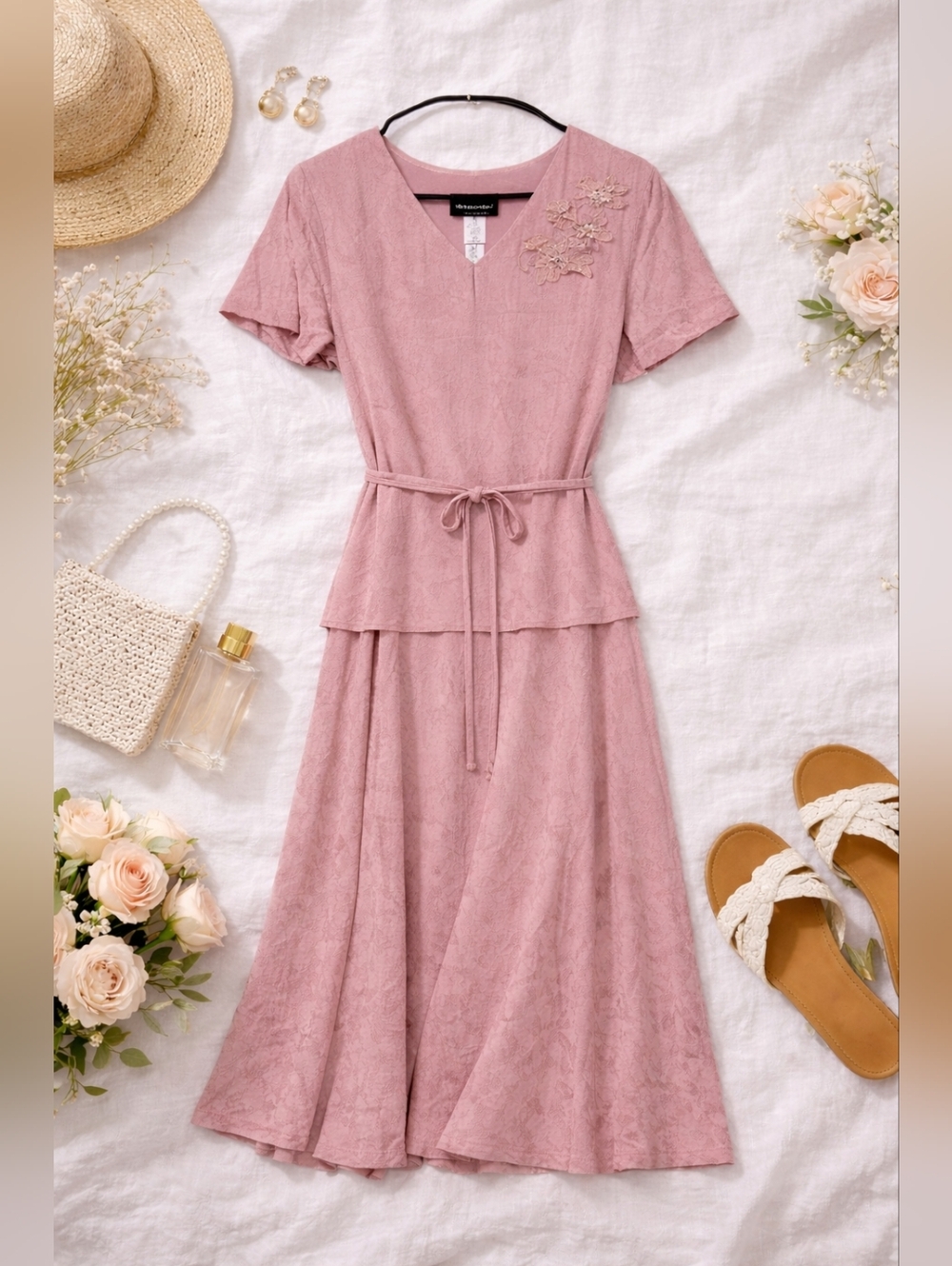 Vintage Pink Floral Appliqué Midi Dress Cottagecore Romantic Soft Girl Size 10